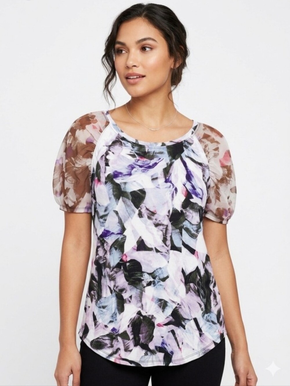 Jennifer Lopez Women’s Large Lavender Floral Short Sleeve Top NWOT